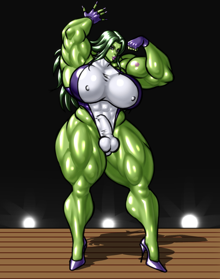 1futa abs balls breasts bulge clothed clothing erection extreme_muscles fully_clothed futa_only futanari gloves green_eyes green_hair green_skin high_heels huge_breasts humanoid humanoid_penis leotard lipstick_mark long_hair marvel marvel_comics muscles muscular muscular_arms muscular_calves muscular_futanari muscular_legs muscular_thighs negoto_(nego6) nipples_visible_through_clothing penis purple_gloves purple_high_heels she-hulk solo standing thick_thighs wide_hips