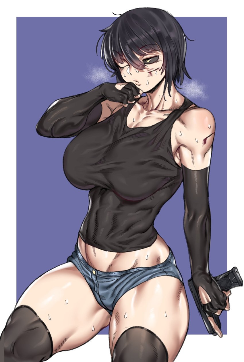 1girls assassin big_breasts black_gloves black_hair black_legwear black_sclera black_thighhighs blood breath denim_shorts elbow_gloves female female_only fingerless_gloves gloves gun kengan_(series) kengan_ashura kure_fusui muscular_thighs one_eye_closed short_hair short_shorts shorts solo sweat tank_top thick_thighs thighhighs toned toned_female urec weapon zettai_ryouiki