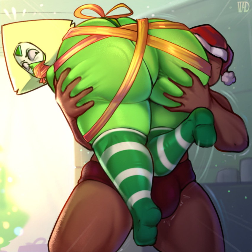 1boy 1girls alien alien/human alien_girl alien_humanoid angry ass ass_grab big_ass bubble_ass bubble_butt bulge carrying cartoon_network christmas colored_skin duo faceless_male female female_focus gem_(species) gift gift_wrapped green_body green_skin huge_ass huge_butt human humanoid legwear leotard leotard_aside madheaven male peridot_(steven_universe) plump plump_ass santa_hat shortstack steven_universe stockings thick_thighs thighhighs thighs visor voluptuous voluptuous_female yellow_hair