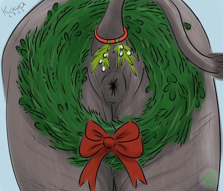 anus ass bow_ribbon butt_focus christmas_wreath elephant elephantid feral grey_body grey_skin hi_res kava_(artist) male mammal mistletoe no_humans non-human plant proboscidean solo wreath