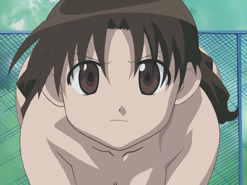 1girls accurate_art_style artist_request ass azumanga_daiou bare_shoulders bent_over big_ass big_butt blue_eyes fence hip_focus large_ass long_hair looking_at_viewer nude nude_female nude_filter official_art outdoors outside please_look_forward_to_it pov screencap screenshot screenshot_edit short_hair solo solo_female swimsuit third-party_edit top-down_bottom-up wide_hips yukari_tanizaki