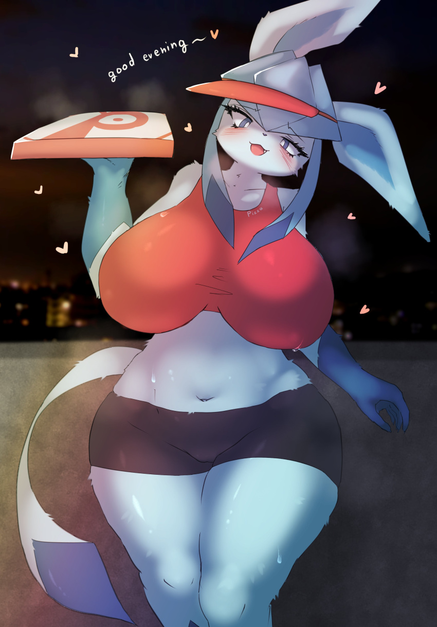 1girls anthro big_breasts blue_eyes blue_fur blush chubby crop_top delivery_employee delivery_girl english_text female female_only furry game_freak glaceon heart huge_breasts nintendo pizza pizza_box pokémon_(species) pokemon pokemon_(species) pokemon_dppt shorts solo steam steaming_body text warm wide_hips xanadu_corona