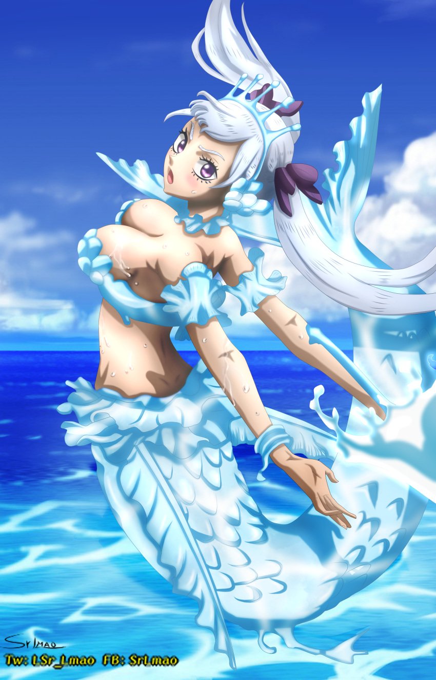 1girls black_clover breasts cleavage female female_only jumping large_breasts long_hair lsr_lmao mermaid mermaid_girl mermaid_position mermaid_tail mermaid_transformation monster_girl noelle_(mermaid_form) noelle_silva purple_eyes sea seductive_look seductive_pose solo twintails