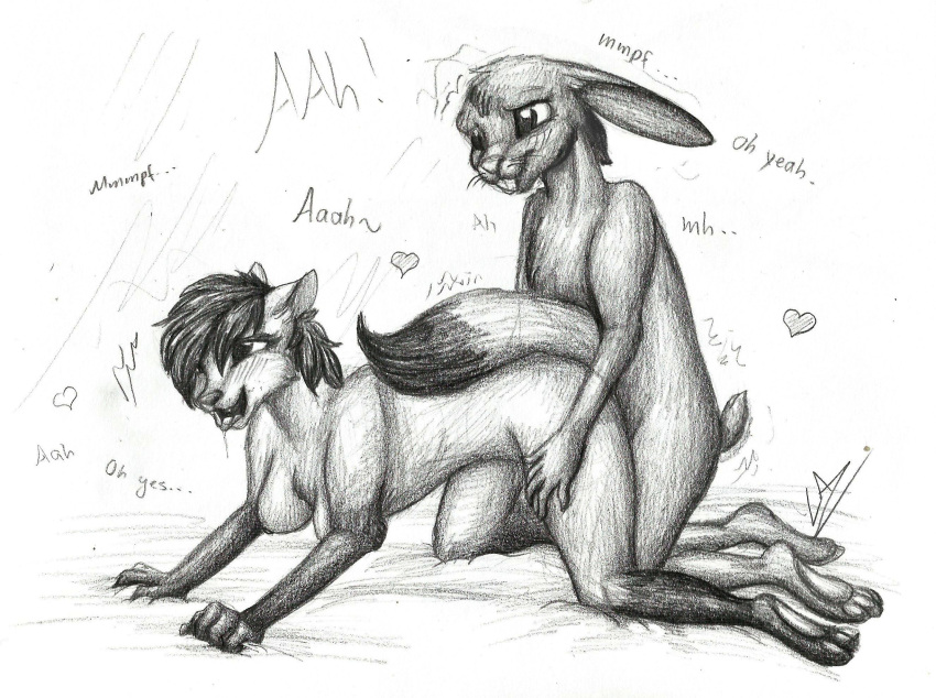 all_fours anthro anthro_on_anthro anthro_penetrated anthro_penetrating anthro_penetrating_anthro bavillabunn3 bodily_fluids breasts buckteeth canid canine canis doggy_style dominant dominant_male dominant_prey drooling duo english_text female from_behind_position fur graphite_(artwork) greyscale hand_on_leg hand_on_thigh heart hi_res interspecies lagomorph leporid looking_pleasured lupiarts male male/female mammal moan monochrome nude open_mouth paws pencil_(artwork) penetration predator/prey prey_penetrating_predator rabbit saliva sex simple_background spread_legs spreading submissive submissive_female submissive_predator teeth text tongue tongue_out traditional_media_(artwork) wolf