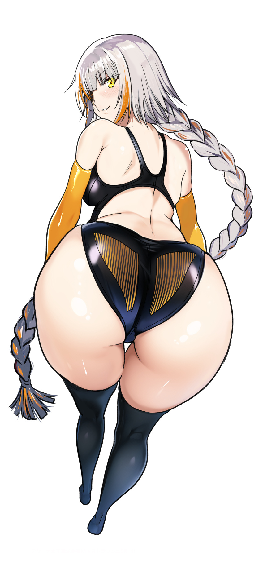 absurdres aiuti ass back black_thighhighs blush braid elbow_gloves eyepatch female girls'_frontline gloves grey_hair grin highres long_hair looking_at_viewer m16a1_(boss)_(girls'_frontline) m16a1_(girls'_frontline) multicolored_hair one-piece_swimsuit orange_hair simple_background smile solo swimsuit thighhighs twin_braids two-tone_hair very_long_hair white_background yellow_eyes yellow_gloves