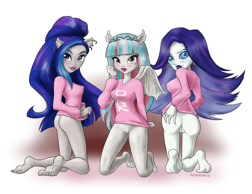 3girls bottomless bottomless_female eronimbus feet female french_female gargoyle ghost ghost_girl gray_skin grey_skin monster_high multiple_girls pale_skin rochelle_goyle silvi_timberwolf spectra_vondergeist werewolf white_skin wings