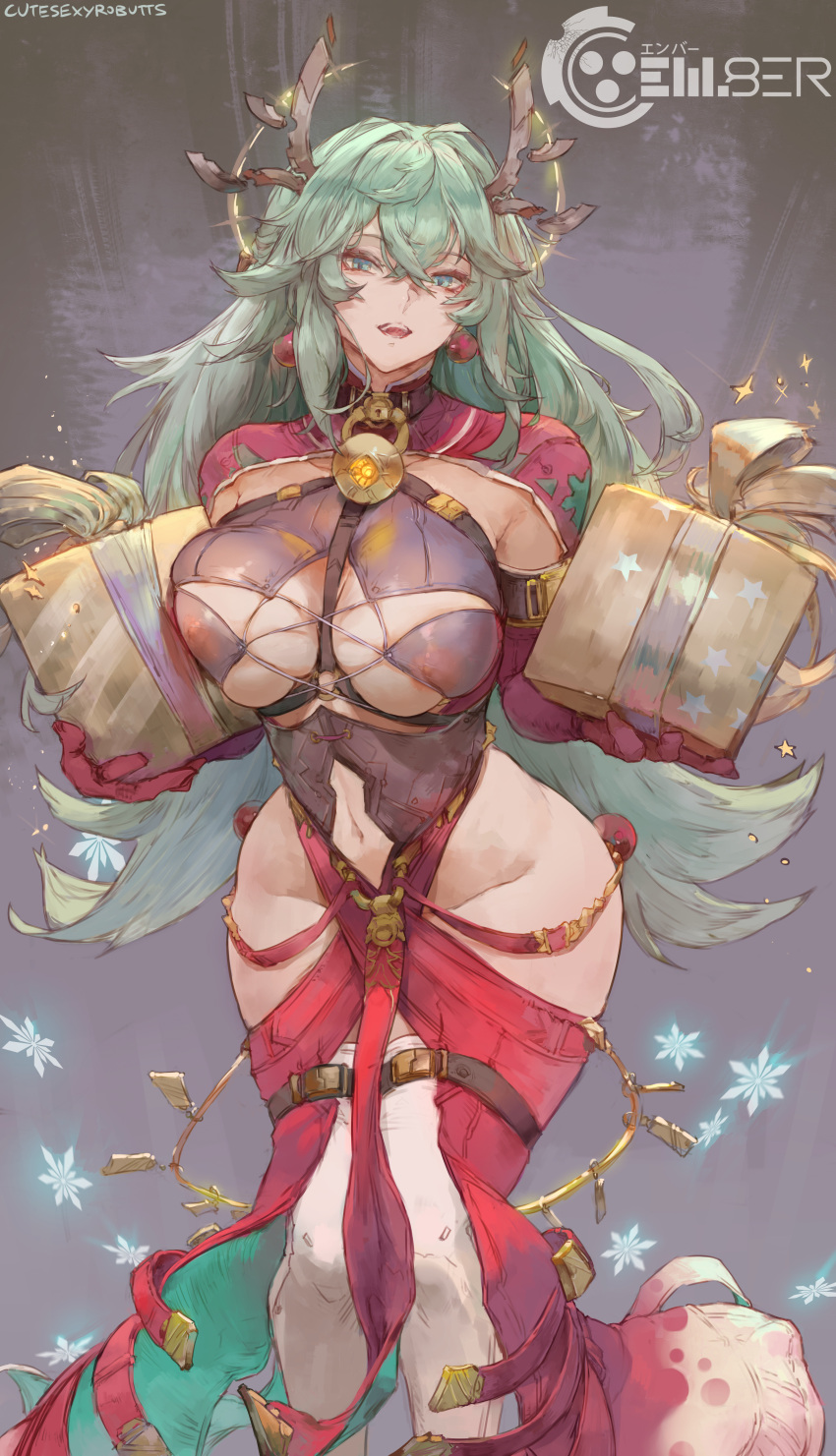 1girls absurd_res antlers bangs big_breasts box breasts child_bearing_hips christmas clothing_cutout crossed_bangs curvy cutesexyrobutts gift gift_box green_eyes green_hair hair_between_eyes halo hartman_hips hips holding holding_gift large_breasts long_hair looking_at_viewer navel navel_cutout nipples nipples_visible_through_clothing open_mouth original patreon_username see-through simple_background skindentation snowflakes solo standing teeth thighs