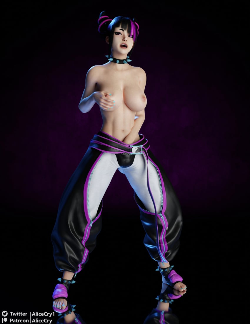 3d 3d_(artwork) abs alicecry athletic_female breast_grab breasts choker dark_background female fit fit_female hand_in_pants hi_res highres juri_han looking_at_viewer masturbation nipples no_bodypaint solo street_fighter street_fighter_6 tits topless