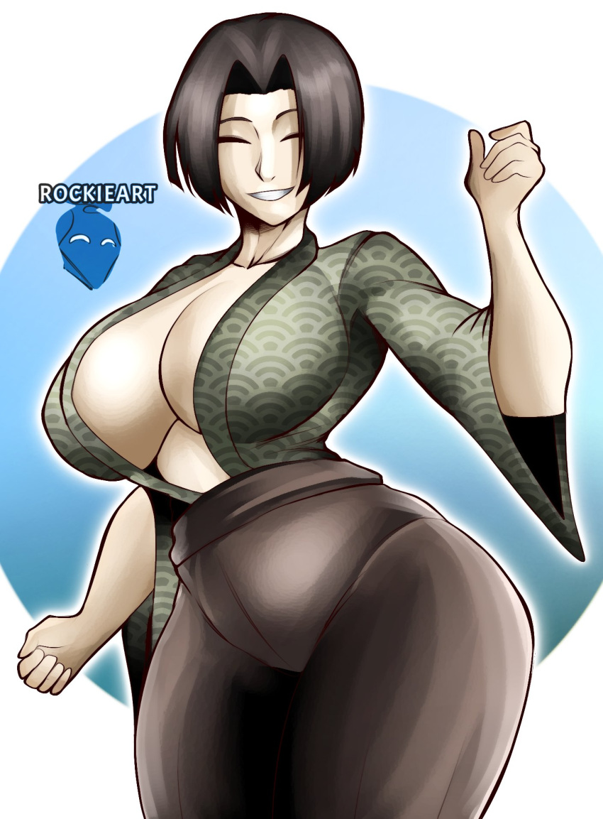 alternate_version_available big_breasts black_hair bob_cut cleavage closed_eyes curvy female female_only genderswap_(mtf) hair_intakes hakama hourglass_figure japanese_clothes kaneda_suekichi kengan_(series) kengan_ashura looking_at_viewer no_bra open_shirt rockie_art rule_63 short_hair smile solo wide_hips