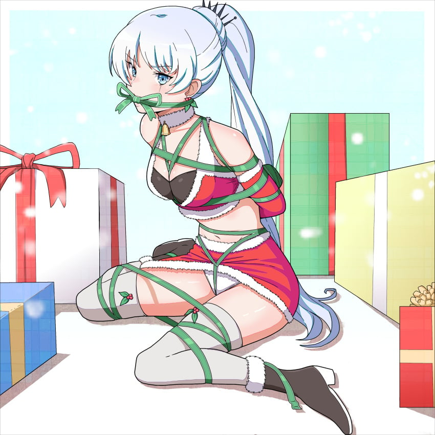 arms_tied_behind_back blue_eyes bondage bound bound_legs christmas christmas_outfit collar crotch_rope female female_only femsub fully_clothed gag gagged looking_at_viewer panties panty_peek revealing_clothes ribbon_bondage ribbon_gag rwby scar_across_eye skirt skirt_up stockings tiedtiki weiss_schnee white_hair