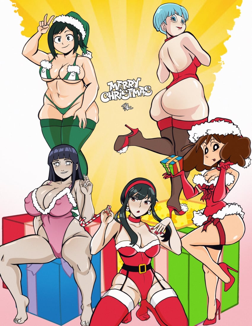 5girls big_breasts bulma_briefs christmas crayon_shin-chan crossover dragon_ball dragon_ball_z female female_only hyuuga_hinata inko_midoriya lingerie milf misae_nohara multiple_girls my_hero_academia naruto spy_x_family tagme terryalec yor_briar yor_forger