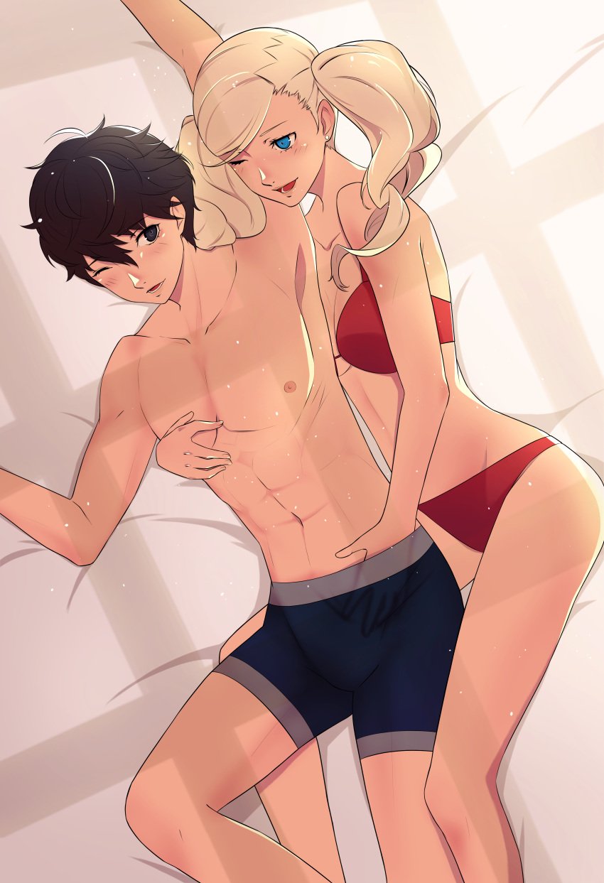 1boy 1girls abs absurdres akira_kurusu ann_takamaki aqua_eyes armpits assertive_female bed_sheet bedroom bikini black_hair blonde_hair boxer_briefs clothed_sex happy_sex highres joker_(persona) light-skinned_female light-skinned_male light_skin light_smile looking_at_another male_underwear micro_bikini morning one_eye_closed open_mouth persona persona_5 ren_amamiya romantic romantic_couple seductive_smile smile sunlight swimsuit twintails underwear wanderstillart window_shade winking