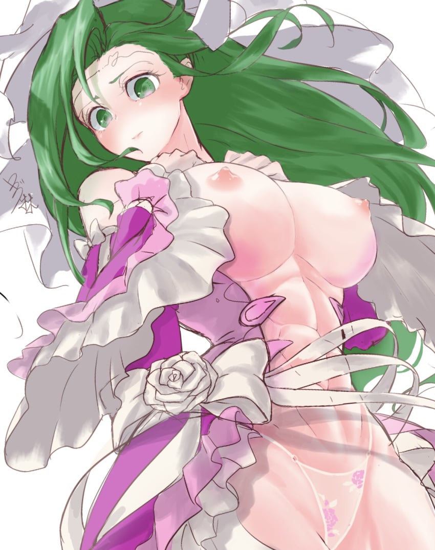 1girls abs accidental_exposure alternate_costume annand_(fire_emblem) bare_thighs breasts breasts_out chest_sarashi cosplay female female_only fire_emblem fire_emblem:_genealogy_of_the_holy_war fire_emblem_heroes green_eyes green_hair halloween halloween_costume huge_breasts inner_thighs long_hair naga_(fire_emblem)_(cosplay) nintendo nipples panties sarashi solo ta_dasu_(tadasu_hayashi) thick_thighs thighs underwear very_long_hair wardrobe_malfunction white_panties