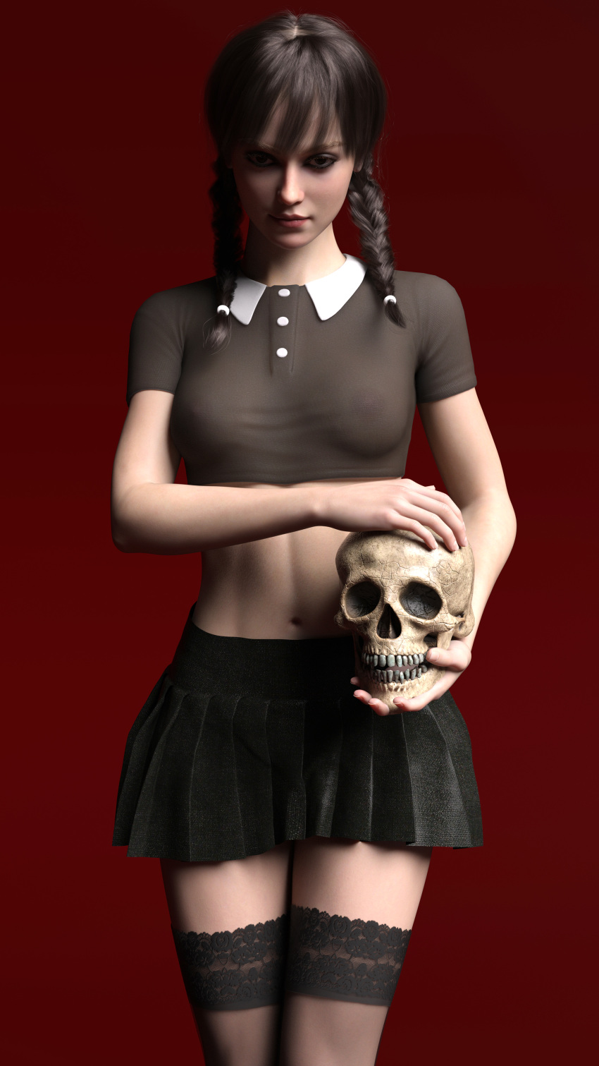 3d athletic athletic_female black_hair breasts busty crop_top deletedcube3d female female_focus female_only goth goth_girl hourglass_figure long_hair makeup medium_breasts miniskirt navel nylons pinup pinup_pose pose posing skirt stockings tagme the_addams_family twin_braids wednesday_addams wide_hips