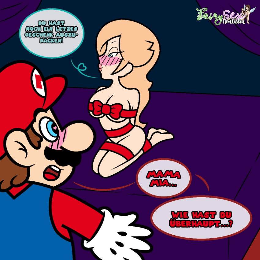 1boy 1girls bed bedroom blonde_hair blush christmas couple cyan_eyes dialogue edit fairysexhentalia female german_text gift gift_wrapped heart-shaped_pupils kneeling male mario mario_(series) medium_breasts merry_christmas mxrbackup on_knees partially_nude presenting presenting_for_viewer princess_rosalina red_ribbon ribbon seductive seductive_eyes seductive_look seductive_smile speech_bubble straight style_parody super_mario_galaxy surprised text text_bubble translated