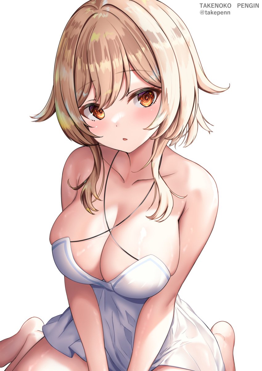 1girls blonde_hair blush breasts cleavage female genshin_impact gold_eyes large_breasts light-skinned_female light_skin long_hair looking_at_viewer lumine_(genshin_impact) shiny_skin takenoko_pengin