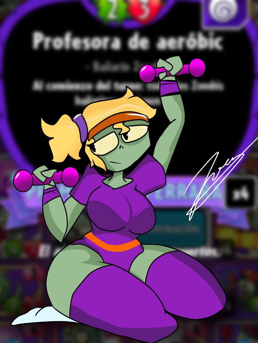 1girls aerobics_instructor_(pvz) artist_signature big_breasts blonde_hair dumbell female_only fully_clothed hair_ornament hairband legwear looking_away one_hand_up plants_vs_zombies plants_vs_zombies:_heroes ponytail pvz_heroes tagme thick_thighs thighs zombie zombie_girl