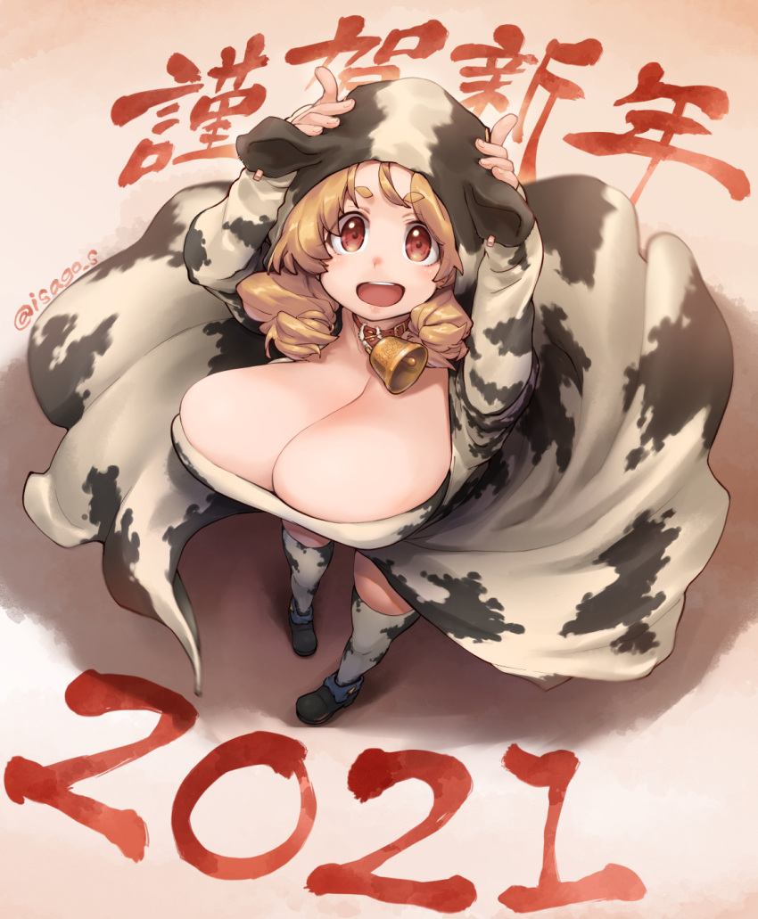 1girls blonde_hair cow_ears cow_print cowbell dress dwarf dwarf_female female hood huge_breasts ilva_(seura_isago) light-skinned_female light_skin red_eyes seura_isago shortstack solo stockings