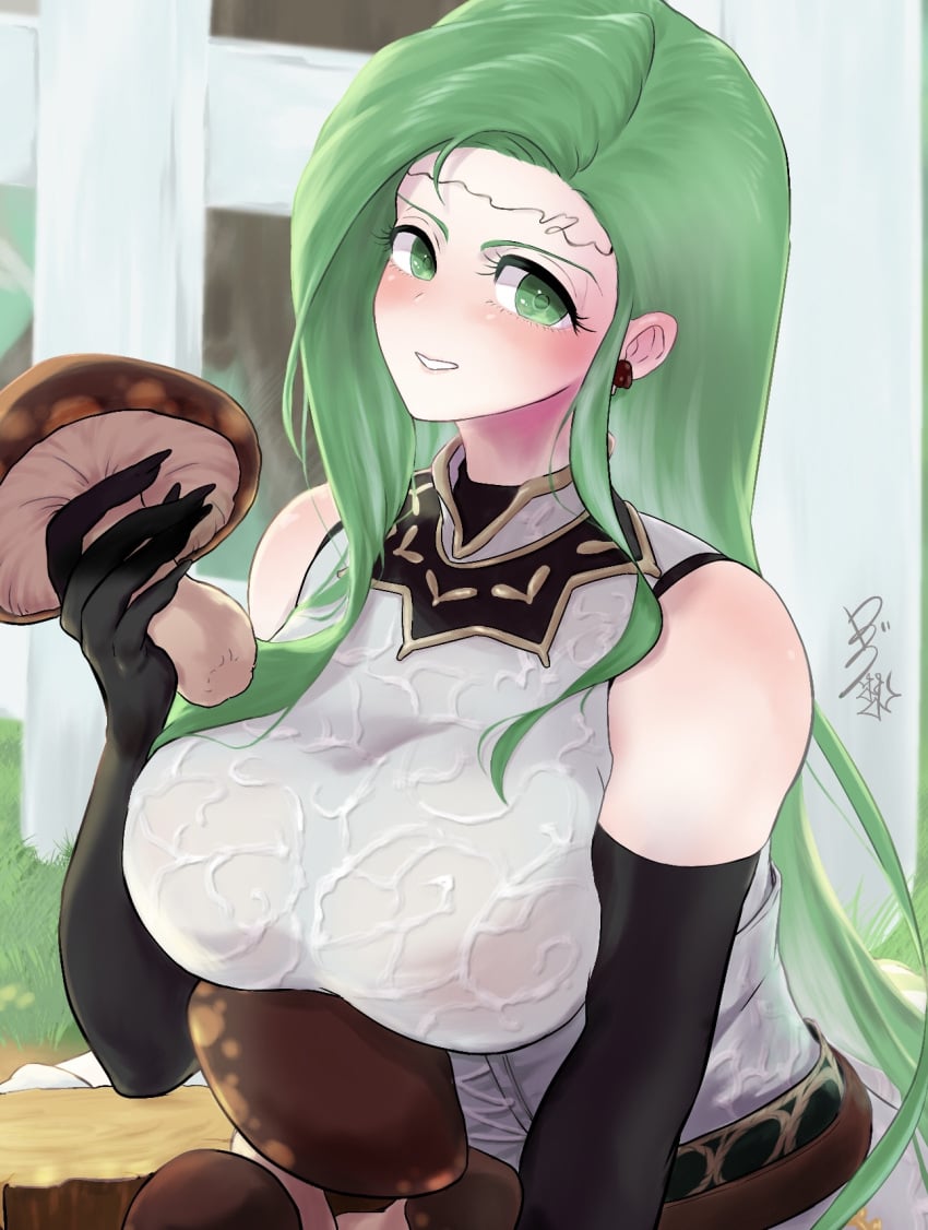 1girls annand_(fire_emblem) breast_rest breasts earrings elbow_gloves female female_only fence fire_emblem fire_emblem:_genealogy_of_the_holy_war gameplay_mechanics gloves green_eyes green_hair grin holding_object large_breasts long_fingernails long_hair looking_at_viewer mushroom nintendo outdoors smile solo ta_dasu_(tadasu_hayashi) very_long_hair wood