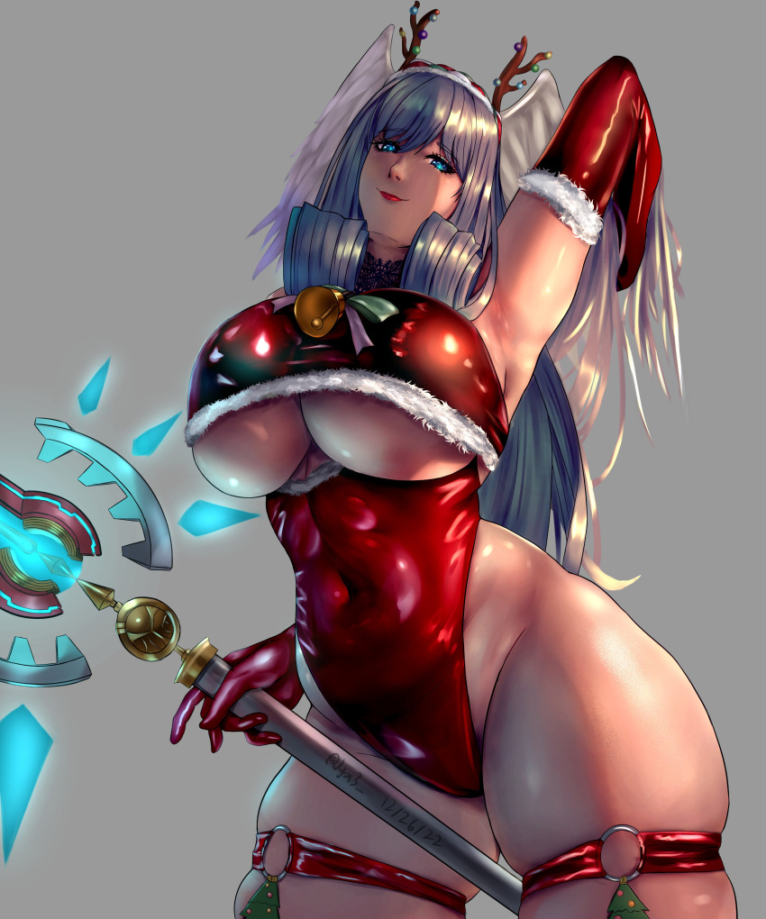 1girls 2022 big_breasts big_thighs blue_eyes breasts christmas curvaceous curvy female female_focus grey_hair hips hourglass_figure huge_breasts huge_thighs jyx3 large_breasts large_thighs long_hair looking_at_viewer melia_antiqua solo solo_female solo_focus thick_thighs thighhighs thighs underboob voluptuous wide_hips wings wings_on_head xenoblade_(series) xenoblade_chronicles_3