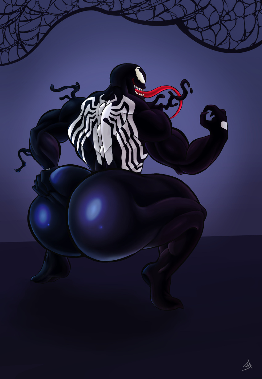 1boy 2020 absurd_res alien ashardy ass ass_focus big_ass big_butt big_muscles butt butt_focus crouching highres holding_ass holding_butt huge_ass huge_butt humanoid long_tongue male male_only marvel monster muscular muscular_humanoid muscular_male open_mouth open_smile red_tongue sharp_teeth smile solo spider-man_(series) symbiote teeth tongue tongue_out venom venom_(marvel)