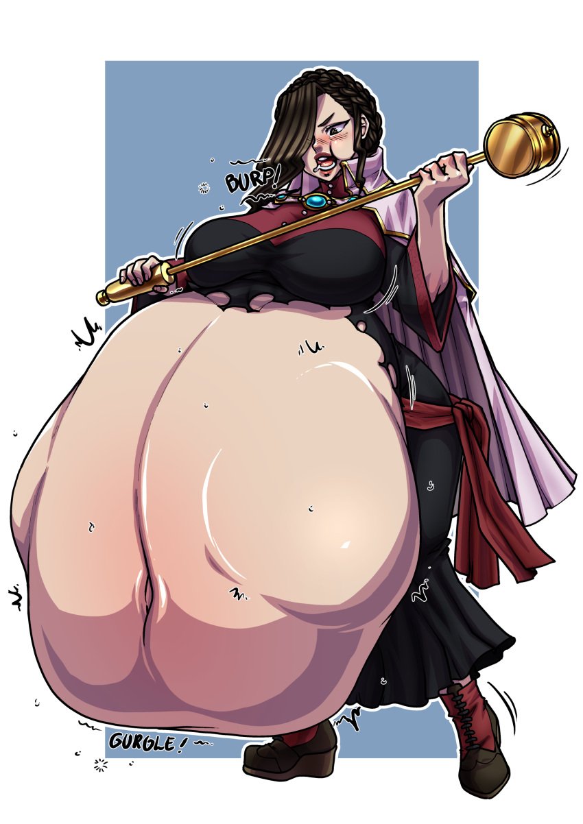 after_vore bangs big_belly big_breasts brown_hair burping capcom dress ecchipandaa female female_only gyakuten_kenji gyakuten_saiban hakari_mikagami hammer high_heel_boots lipstick navel post_vore ripped_clothing saliva same_size_vore soft_vore stomach_bulge tagme unknown_character unseen_character vore wide_hips