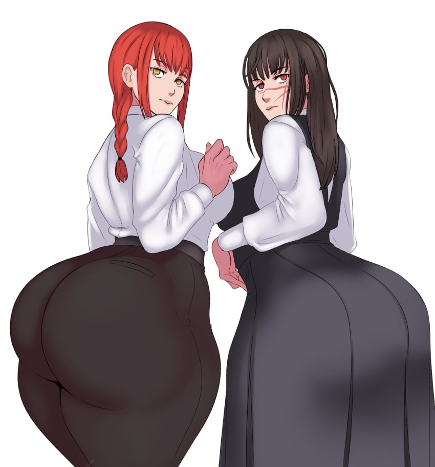 2d 2girls ass ass_in_dress big_ass big_butt breasts brown_hair butt chainsaw_man clothed clothing female female_only huge_ass large_ass long_hair looking_at_viewer looking_back makima_(chainsaw_man) mitaka_asa office_lady red_eyes red_hair scar siblings simple_background sisters standing sunnysundown voluptuous white_background wide_hips yellow_eyes yoru_(chainsaw_man)