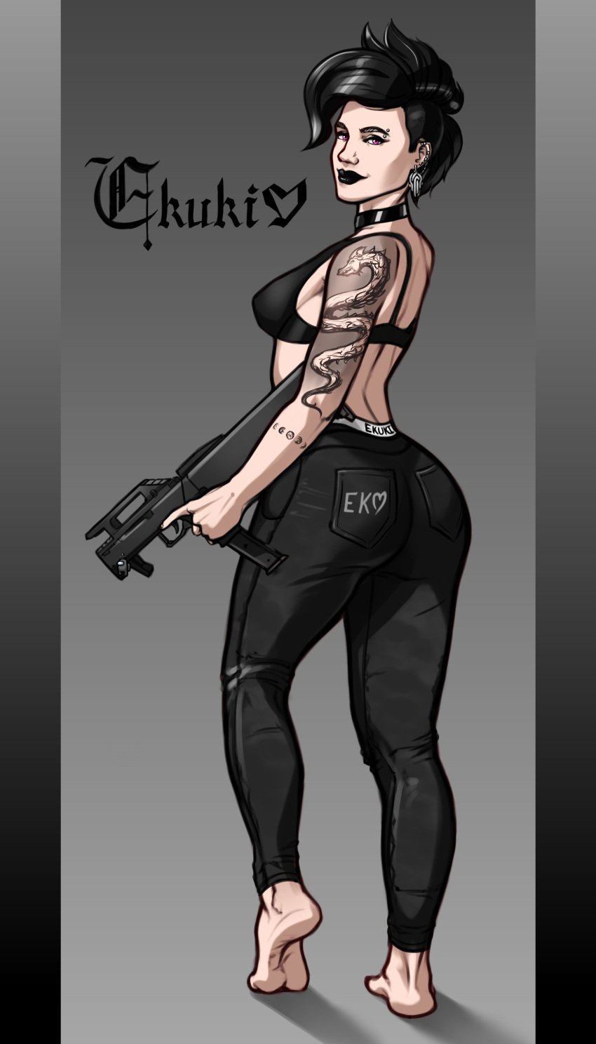 1girls ass black_bra black_hair black_jeans black_lipstick bra choker clothed clothing collar ekuki feet female full_body goth goth_girl gothic gun jeans lipstick nokk_(rainbow_six) non-nude pale-skinned_female pale_skin pierced_ears piercing piercings purple_eyes rainbow_six rainbow_six_siege solo solo_female tattoo tattooed_arm tattoos thighs tight_clothing tight_jeans tight_pants