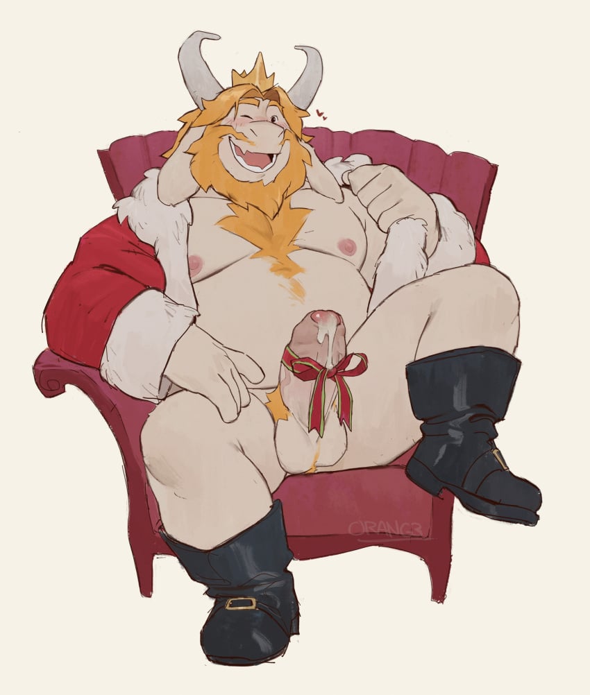 0rang3 1boy 2022 accessory anthro asgore_dreemurr ball_tuft balls ballsack beard belly blonde_hair body_hair boots bow_(feature) caprine chair chest_hair christmas christmas_clothing clothed clothing crown dripping erection exposed facial_hair footwear foreskin fur_lined_clothing furniture genitals goat hairy_balls happy_trail hi_res holidays horns humanoid_penis intact knee_up looking_at_viewer male male_nipples male_only mammal masculine mature_male moobs musclegut muscles muscular_male mustache on_chair one_eye_closed open_clothing open_topwear open_vest partially_retracted_foreskin pecs penis penis_accessory penis_bow penis_ribbon precum precum_drip pubes ribbons santa_coat scrotum simple_background sitting slightly_chubby smile solo spread_legs spreading testicles topwear uncut undertale_(series) vein veiny_penis vest white_background wink winking_at_viewer