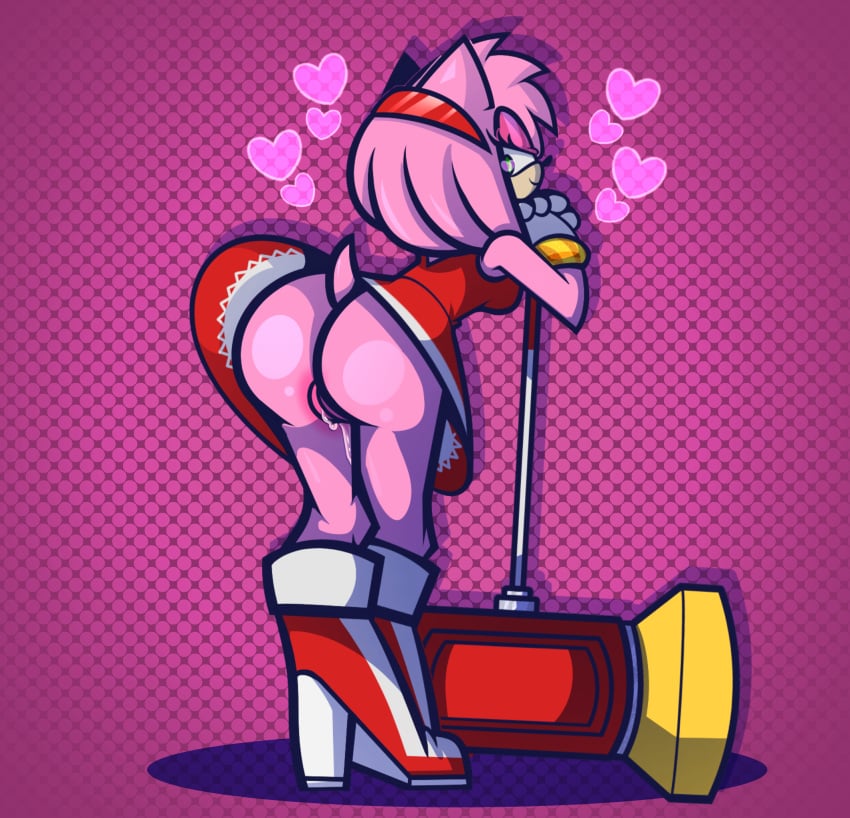 <3_eyes amy_rose anthro ass ass_up big_(disambiguation) bodily_fluids bottomless bottomless_skirt breasts bubble_butt clothed clothing eulipotyphlan female genital_fluids genitals heart hedgehog hi_res mammal partially_clothed presenting presenting_hindquarters pussy pussy_juice sega small_breasts solo sonic_(series) sonic_the_hedgehog_(series) upskirt yellowcyann