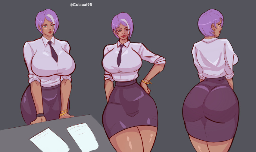 1girls ass_in_dress big_ass big_breasts big_butt breasts brown_skin cassandra_(colacat95) colacat95 curvy dark_skin female female_only hand_on_hip large_ass large_breasts leaning_forward multiple_views oc office office_lady original_character purple_hair shirt skirt thick thick_ass thick_hips thick_thighs thighs thin_waist wide_hips