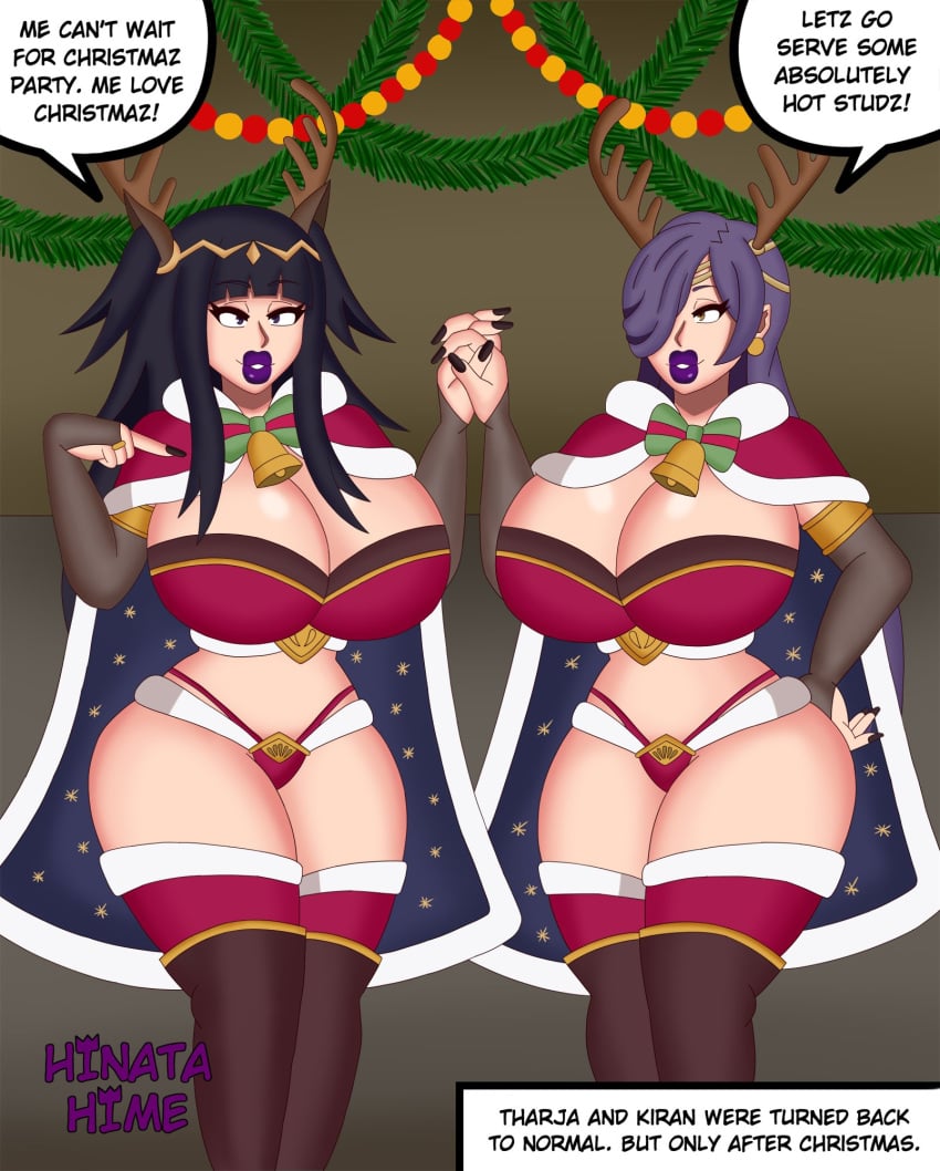 2girls alternate_breast_size antler_headband antlers bell big_lips bimbo bimbo_body bimbo_lips bimbofication bimbofied black_eyes black_hair black_nail_polish black_nails breast_expansion breasts brown_boots brown_eyes cape christmas christmas_cape christmas_clothing christmas_headwear christmas_outfit cleavage clothed clothed_female clothing earrings english_text female female_only fire_emblem fire_emblem_awakening fire_emblem_heroes full_lips hair_ornament hair_over_eye hair_over_one_eye higher_resolution_available hinata-hime holding_hands huge_breasts kiran_(fire_emblem) kiran_(fire_emblem)_(female) lipstick long_boots long_hair makeup multiple_girls nail_polish nintendo panties purple_hair purple_lips purple_lipstick red_cape red_panties red_stockings red_top red_topwear solo speech_bubble stockings text text_box text_bubble tharja_(fire_emblem) tharja_(fire_emblem)_(cosplay) tharja_(winter)_(fire_emblem) thick_thighs topwear wide_hips