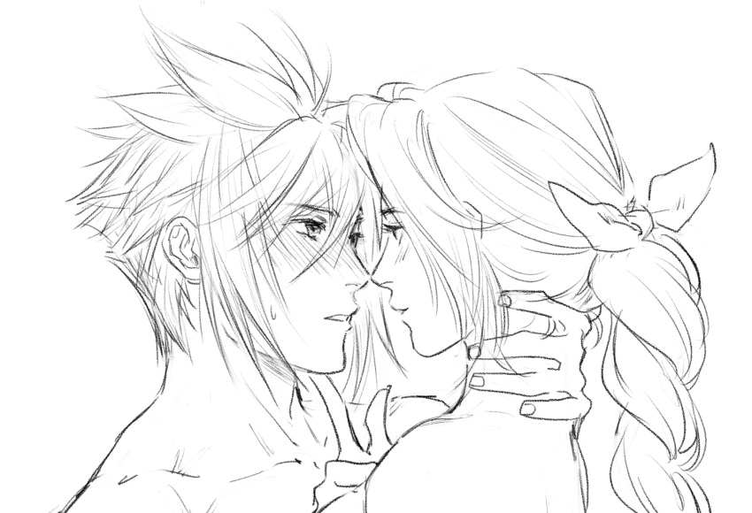 1boy1girl 1girls aerith_gainsborough cloud_strife eye_contact face_to_face female final_fantasy final_fantasy_vii final_fantasy_vii_remake finger_on_chin finger_under_chin hand_behind_head hand_on_neck imminent_kiss male/female nude passionate romantic straight