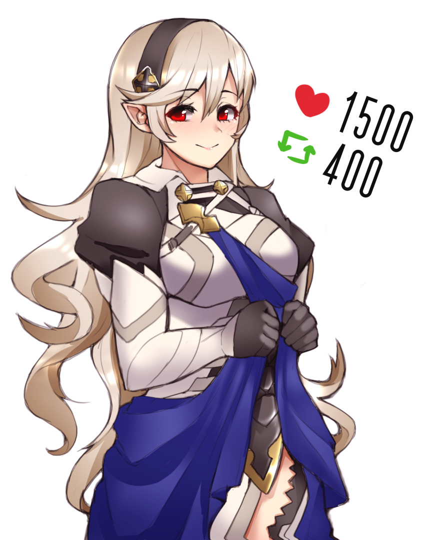 1340smile 1girls bare_thighs corrin_(fire_emblem) corrin_(fire_emblem)_(female) fire_emblem fire_emblem_fates grey_hair hairband inner_thighs long_hair looking_at_viewer medium_breasts meme nintendo red_eyes smile solo thighs twitter_strip_game_(meme) undressing