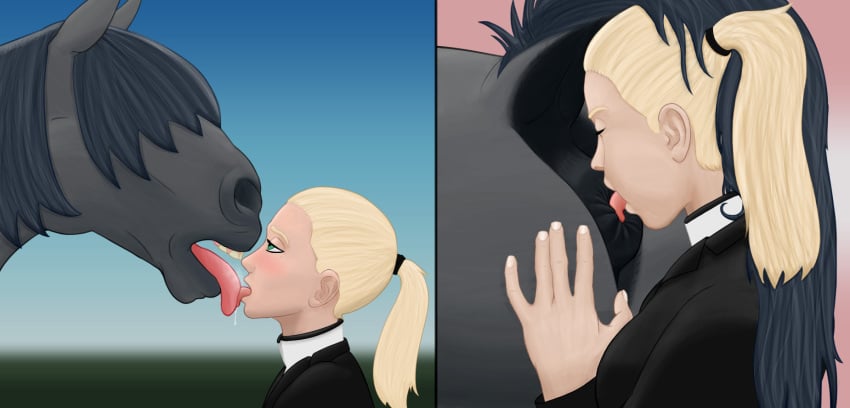 abstract_background accessory ambiguous_gender anal anus beast_rimming blonde_hair closed_eyes comic duo equid equine equine_anus female female/ambiguous feral french_kiss green_eyes hair hair_accessory hair_over_eyes hairband hashmere hi_res horse human human_on_feral interspecies kiss kissing kissing_tongue lips male mammal open_mouth oral ponytail raised_tail rimjob rimming rimming_horse sex straight tongue tongue_out two_panel_image zoophilia