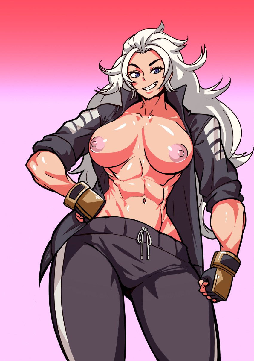 1girls abs alternate_version_available big_breasts breasts cell_(artist) double_dragon exposed_breasts gloves gradient_background jacket kunio-kun kunio-kun_series looking_at_viewer marian_(double_dragon) marian_(river_city_girls) marian_kelly muscles muscular muscular_female no_bra no_shirt river_city_girls river_city_girls_2 shirtless shirtless_jacket solo solo_female sweatpants wayforward white_hair