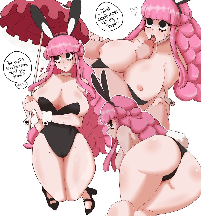 1girls ass bangs bbdouble big_ass big_penis blunt_bangs bunny_ears bunny_tail bunnysuit choker eyelashes fake_animal_ears female high_heels huge_breasts leotard licking_penis male nipples one_piece paizuri penis perona pink_hair precum spicy_bb text white_background wrist_cuffs year_of_the_rabbit