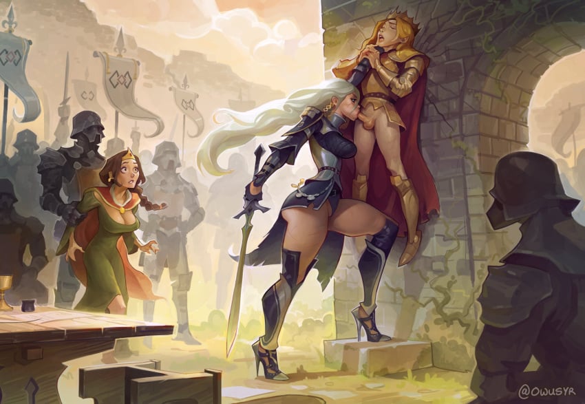 1boy 2girls against_wall angelise_reiter armor artist_signature athletic_female banner being_watched big_butt blonde_hair bottomless butt carrying carrying_partner cleavage clothed_female clothed_sex cracked_wall crowd crown detailed_background dominant_female domination fellatio fellatio_domination female femboy femboy_king femdom final_fantasy final_fantasy_xiv forced forced_to_watch garlean hi_res high_heels human human_only humiliation king knight larger_female light-skinned_female light-skinned_femboy light-skinned_male light_skin long_hair male male_rape_victim malesub mature mature_female medieval_clothing original owusyr partially_clothed penis power_bottom public public_sex queen rape realistic restrained reverse_forced_oral reverse_rape royalty smaller_male spoils_of_war stiletto_heels straight sword thick_thighs thighs very_high_heels voluptuous voluptuous_female wall weapon white_hair