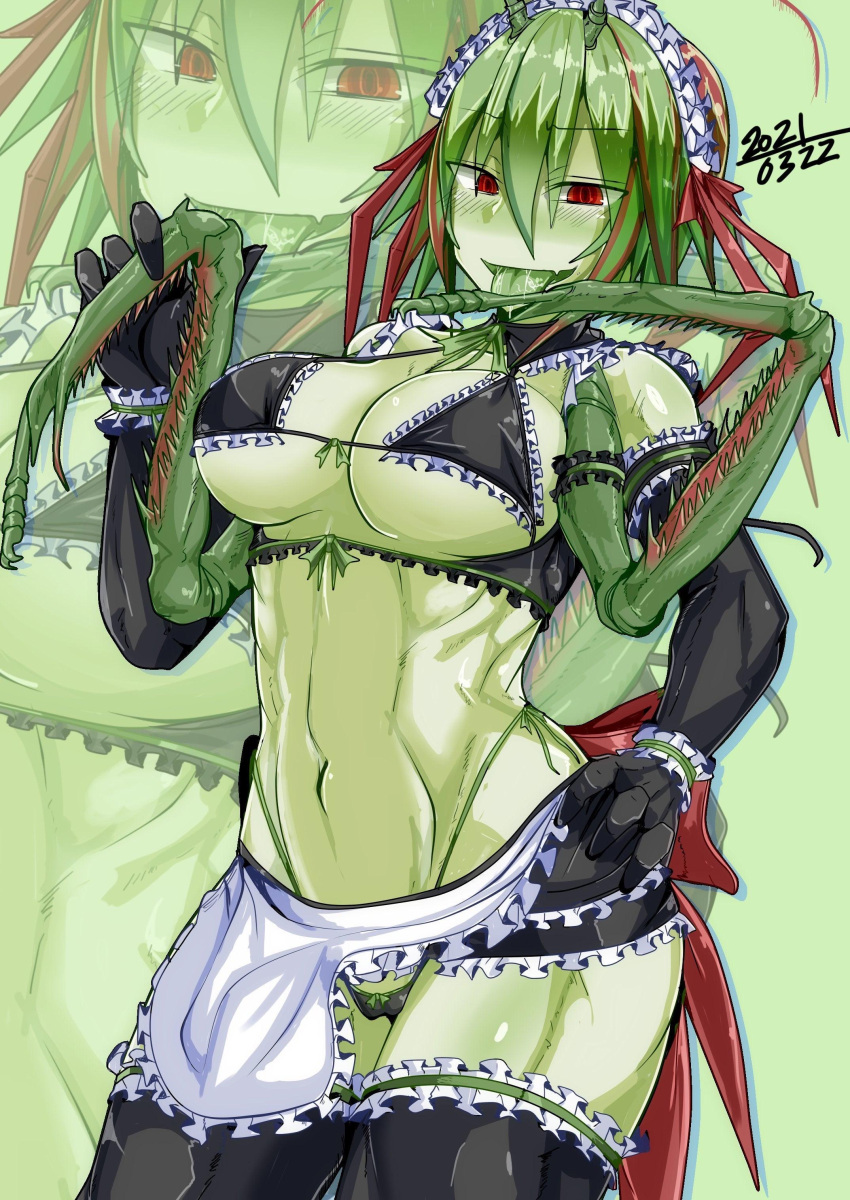 50p_100p antennae arthropod athletic_female bra breasts gloves green_body green_hair insect insect_girl insect_humanoid lingerie mantis_girl mantis_humanoid monster_girl panties red_eyes tongue_out