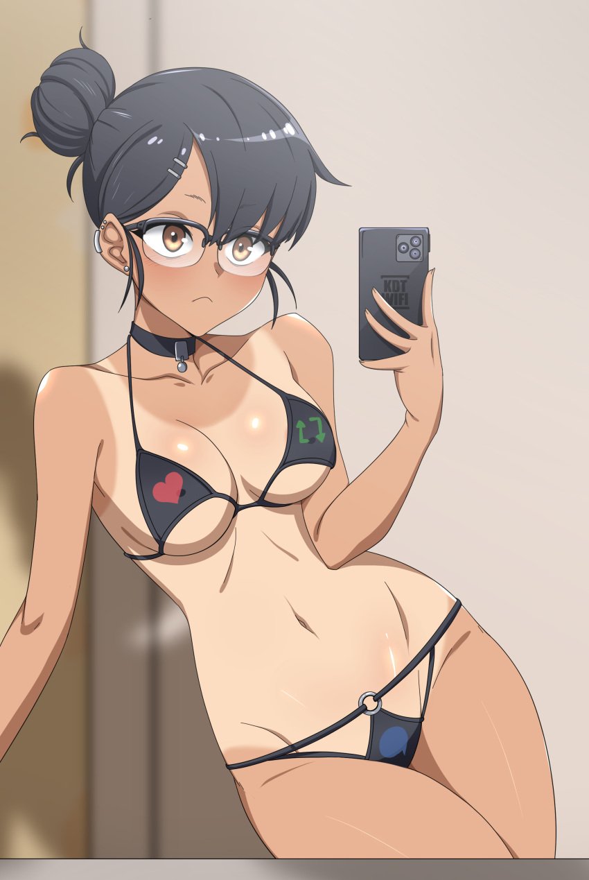 1girls bikini black_bikini black_hair breasts clothed clothing female female_only glasses hayase_nagatoro kdtwifi long_hair medium_breasts navel please_don't_bully_me,_nagatoro ponytail pose revealing_clothes selfie slim_waist solo tan tan-skinned_female tanline tanlines tanned_skin thighs tied_hair