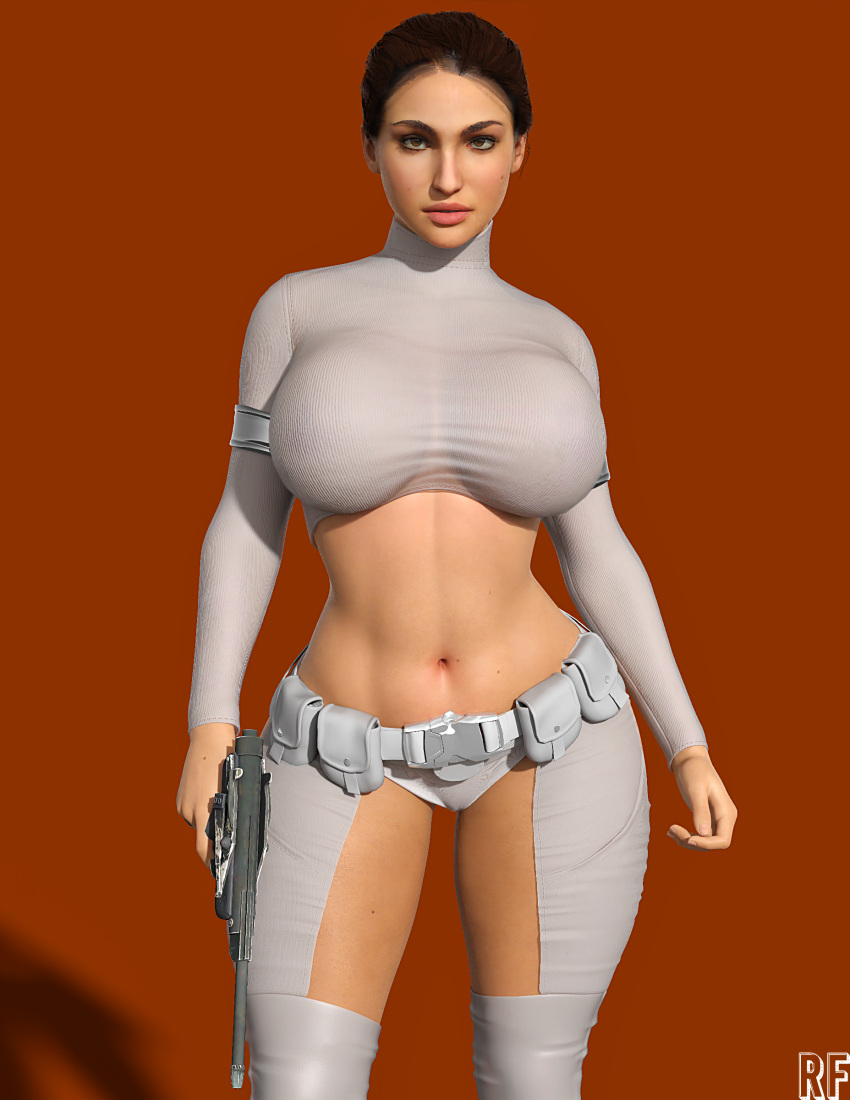 1girls 3d actress artist_name attack_of_the_clones belly belly_button big_breasts blaster celebrity female female_only gun holding holding_gun holding_object holding_weapon jewish jewish_female lucasfilm midriff milf natalie_portman navel orange_background padme_amidala rude_frog simple_background slutty_outfit solo star_wars thick_thighs weapon