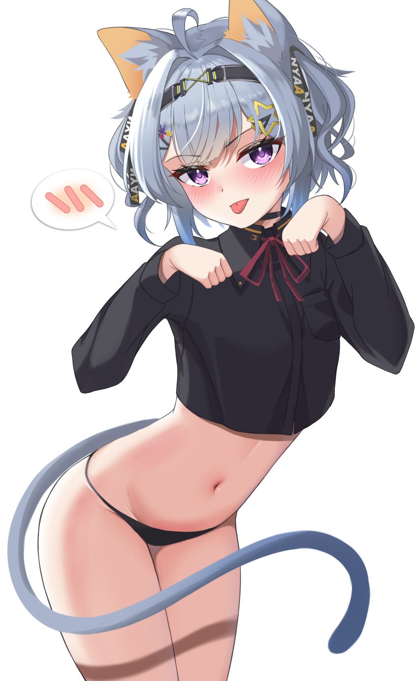 1girls ahoge animal_ears animal_tail bare_midriff belly_button black_panties blush blush_lines bunkinspice cat_ears cat_pose cat_tail catgirl choker gray_hair grey_hair hair_accessory hair_ornament hairclip headgear headwear kemonomimi legs long_sleeves looking_at_viewer midriff navel nijisanji nijisanji_en no_pants panties pantless purple_eyes solo solo_female solo_focus thighs tongue tongue_out virtual_youtuber white_background zaion_lanza