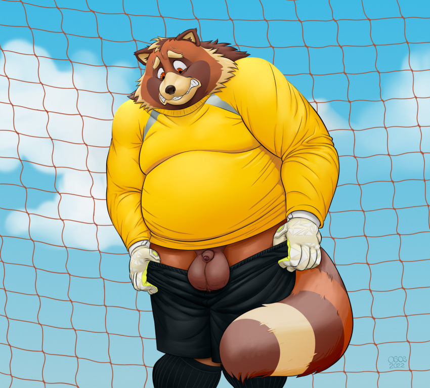 1boy 2022 anthro balls belly big_balls big_belly bottomwear canid canine clothed clothing detailed_background genitals humanoid_hands kalibus male male_only mammal micropenis osos outside overweight overweight_male partially_clothed penis raccoon_dog shirt shorts shorts_down small_penis solo solo_male sport tanuki topwear worried