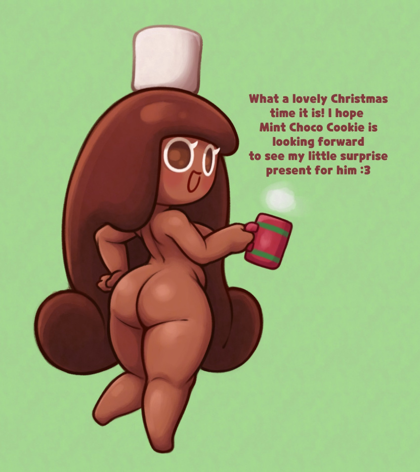 ass belly blush breasts brown_hair christmas chubby chubby_female circle_head cocoa_cookie cookie_run cookie_run_kingdom curvy eyelashes happy long_hair mug nude nude_female soff_doll tagme text thick_thighs wide_hips