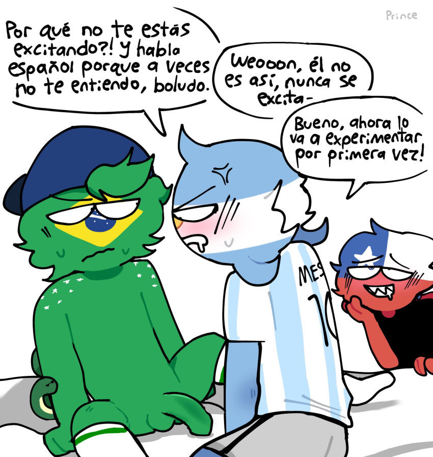 3boys argentina_(countryhumans) brazil_(countryhumans) chile_(countryhumans) countryhumans gay green_body green_skin homosexual male princedoesstuff small_penis spanish_text speech_bubble tagme text viewer_perspective