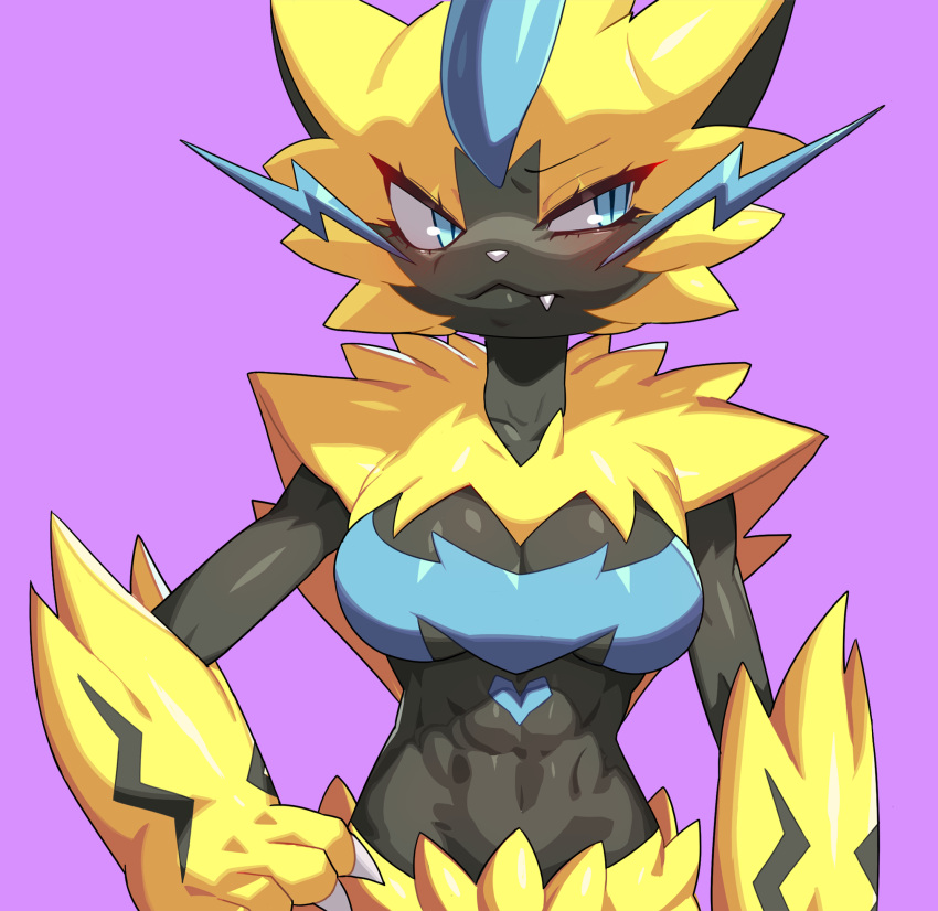 anthro blue_eyes blush cat_ears cat_girl cleavage drunkoak feline female female_focus female_only female_pokemon hand_on_hip large_breasts long_eyelashes looking_away muscular muscular_female nintendo oerba_yun_fang pokémon_(species) pokemon purple_background yellow_fur zeraora