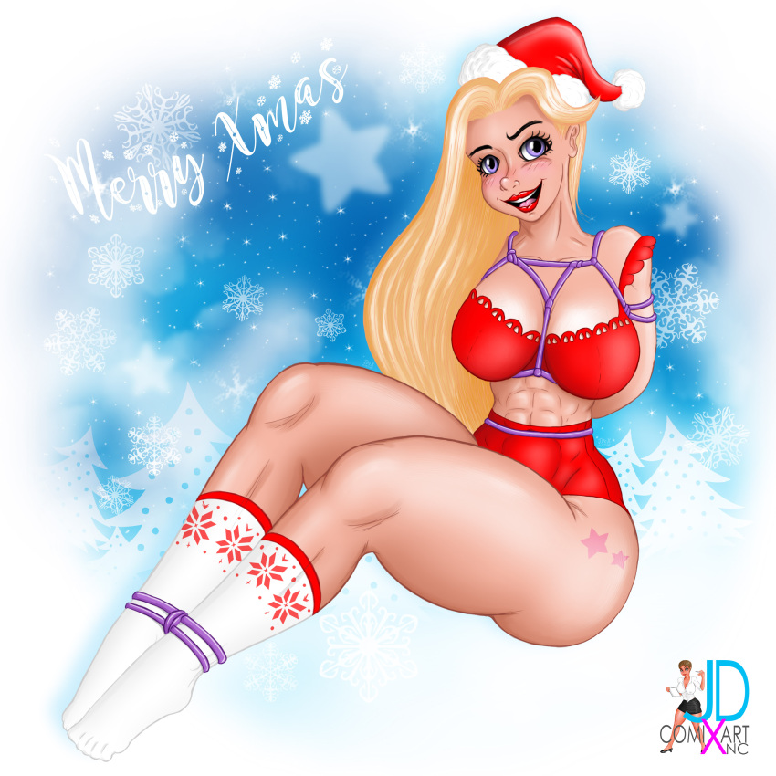 abs blonde_hair bondage bondage bondage breasts breasts breasts busty christmas dtiys fanart feet feet foot_fetish foot_play happy_female jdcxart large_legs legs merry_christmas santa_costume santa_hat shibari_over_clothes socks strings xmas xmas_hat