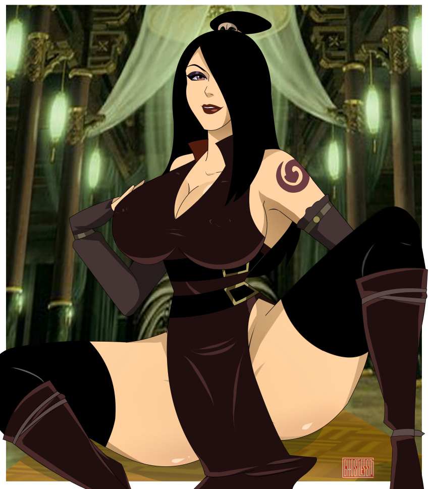 2d avatar_the_last_airbender big_breasts breasts clothing dress erect_nipples erect_nipples_under_clothes female female_focus female_only ghostlessm high_res june_(avatar) large_breasts long_hair mature mature_female patreon patreon_reward solo_female solo_focus stockings tagme