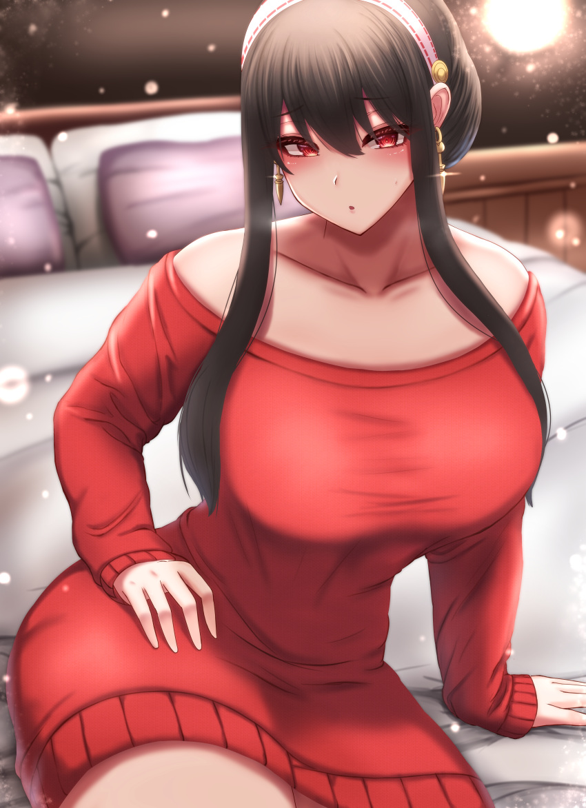 1girls absurd_res assassin bangs bed bedroom big_breasts black_hair collarbone earrings eyebrows_visible_through_hair female female_only hand_on_thigh headband long_hair pillow red_eyes red_sweater sitting sitting_on_bed spy_x_family sweater thick_thighs thorn_princess yor_briar yor_forger zetsuhei_no_roran