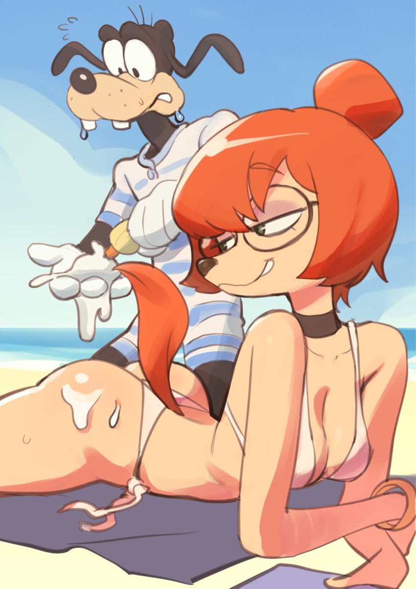 an_extremely_goofy_movie anthro beach bikini colo disney eyeshadow glasses goof_troop goofy green_eyes red_hair smirk sunscreen sweat sylvia_marpole